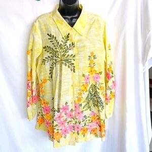 Indigo Moon Yellow orange green purple pink flower Painted shirt, Nwt, Sz 1x